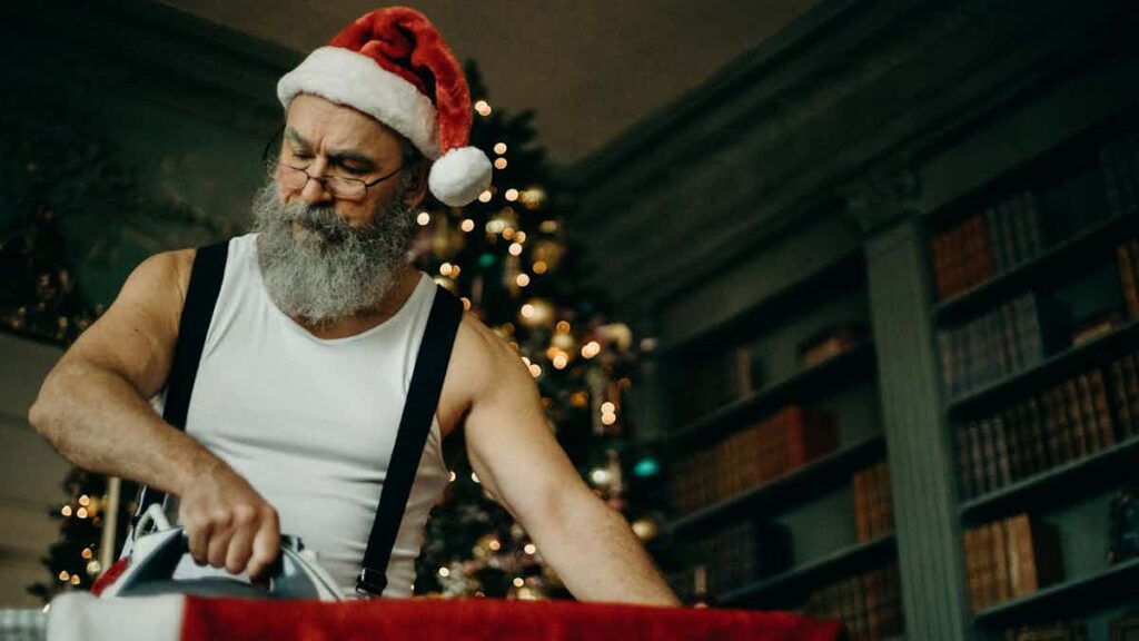 santa irons his jacket