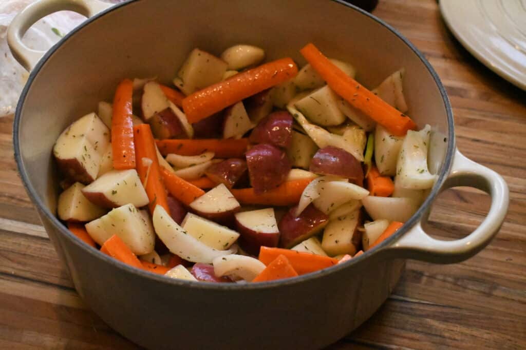 Potatoes and carrots in a Dutch Oven