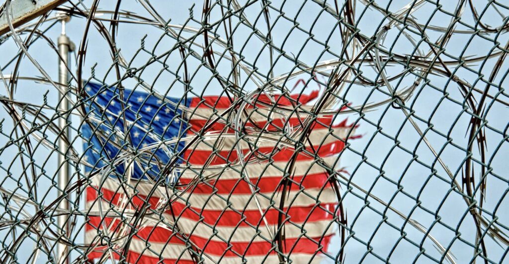 American flag and barb wire.